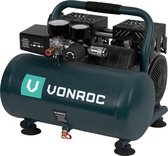 Compresseur silencieux VONROC - Sans huile - 750W - 1HP - 128 l/min - 6 Litres - 8 Bar - 57,5 dB(A) - Silencieux - Faible bruit - Grijs