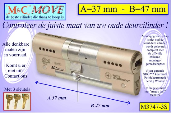 M&C MOVE - High-tech Security deurcilinder - SKG*** - 37x47 mm - Politiekeurmerk Veilig Wonen - inclusief gereedschap MilaNNE montageset