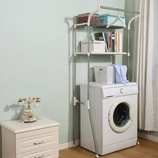 BAOYOUNI 4 Tier Expandable Laundry Shelf Over Toilet Washer Dryer Storage Rack Floor to Ceiling Bathroom Organizer Space Saving Tension Pole for Small Spaces, Black