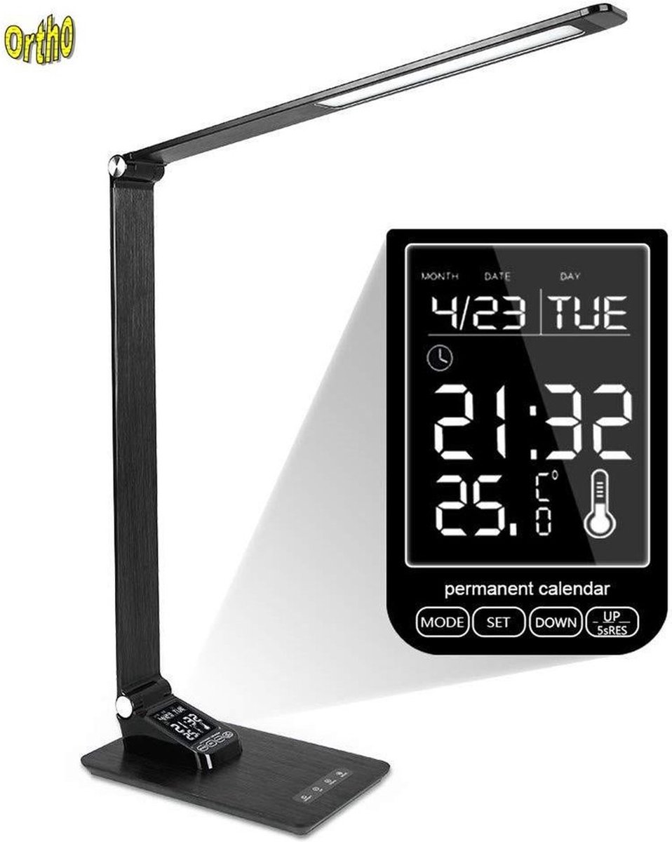 Ortho® - Luxe Bureaulamp Licht Grijs - LED - Warm Wit en Daglicht - Dimbaar - met USB oplaadpoort - incl. Klok - incl. Kalender -Incl. Alarm - Max 12W – 2700K/6500K - Licht Grijs thumbnail 3