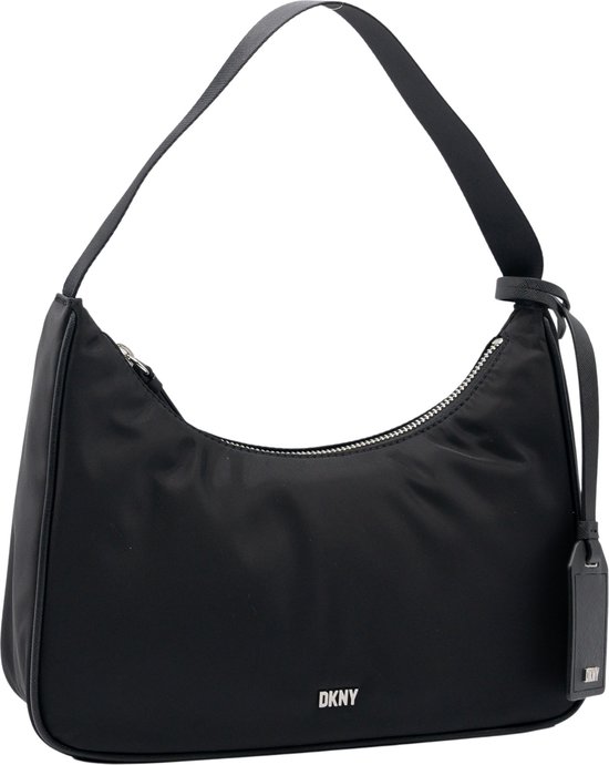 Zwarte DKNY schoudertas met zilverkleurig ritsdetail, enkele band en een losse leren label.