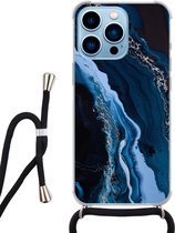 Hoesje met koord - Geschikt voor iPhone 13 Pro Max - Marmer lagoon blauw - Verstelbaar zwart koord - Transparant, Blauw - Marmer - Leuke Telefoonhoesjes