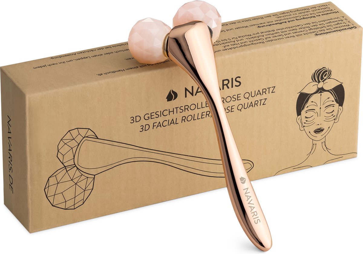 Goedkoopste Navaris 3D gezichtsroller van rozenkwarts - Dubbele roller voor gezichtsmassage - Verkoelend effect - Roze/roségoudkleurig