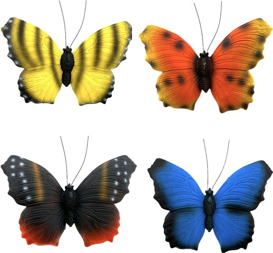 3D vlinders muur/tuin decoratie - Polyresin - set van 4 - 10 x 12 x 1.5 cm