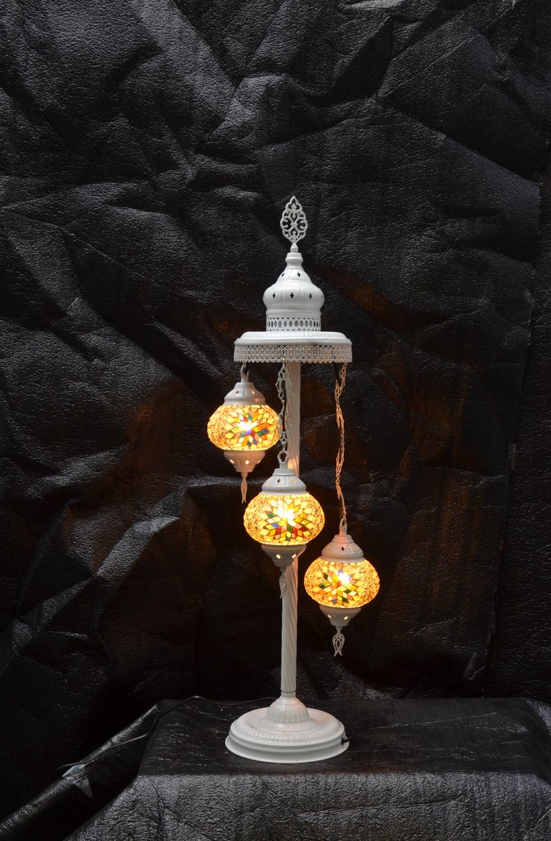 Turkse tafellamp 3 glazen bollen Oosterse staandelamp pastel geel mozaïek