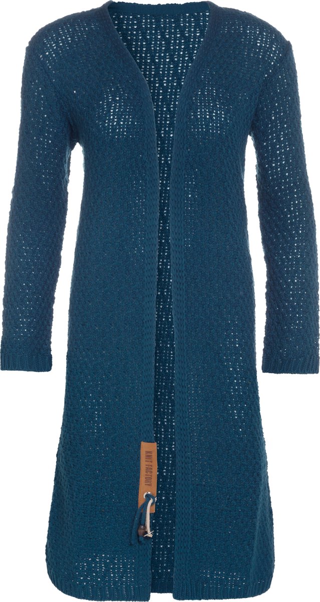 Knit Factory Luna Lang Gebreid Vest Petrol - Gebreide dames cardigan - Lang vest tot over de knie - Donkerblauw damesvest gemaakt uit 30% wol en 70% acryl - 36/38