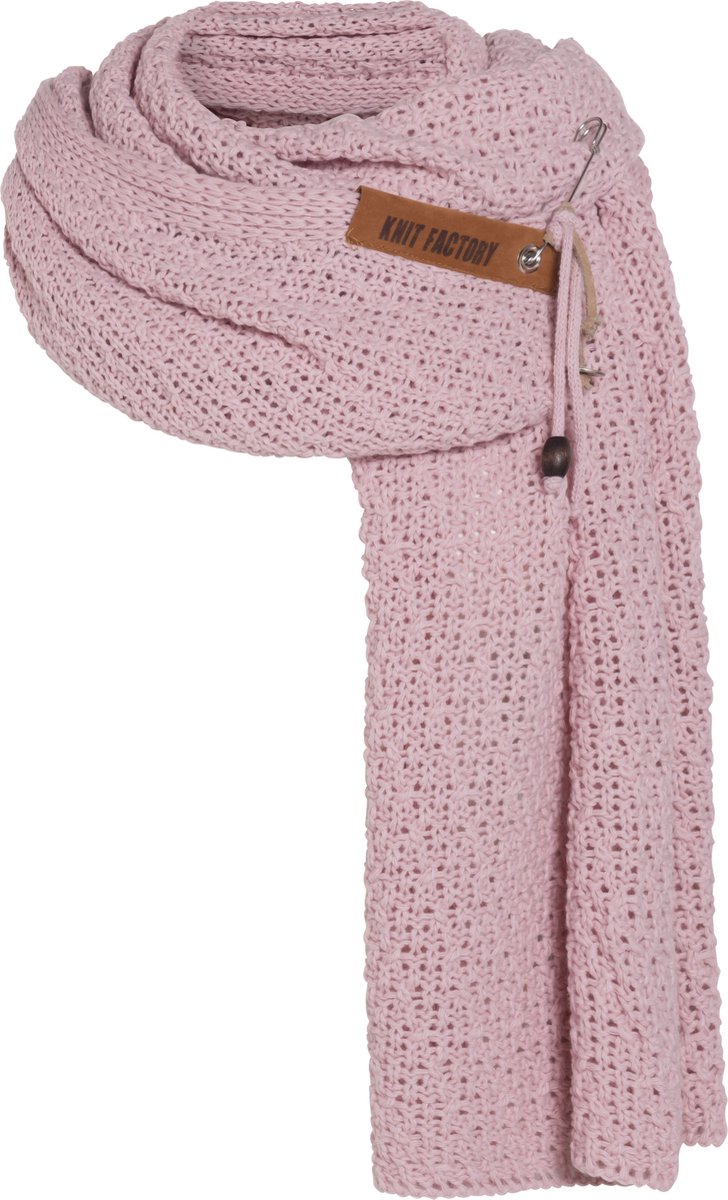 Knit Factory Luna Gebreide Sjaal Dames - Colsjaal - Omslagdoek - Roze - 200x50 cm - Inclusief sierspeld