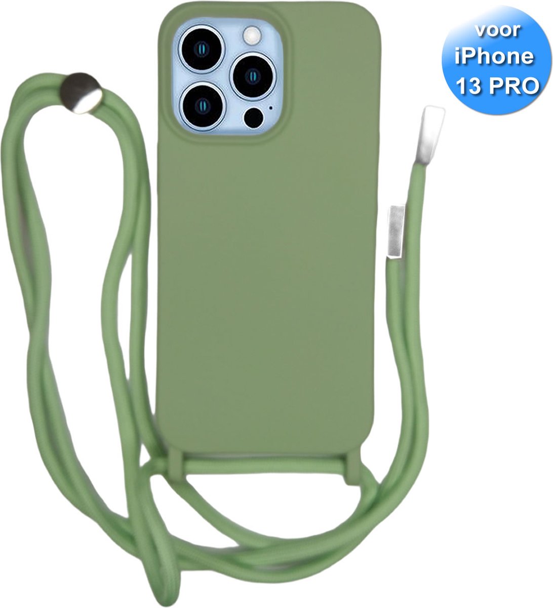 Hoesje met Koord geschikt voor de iPhone 13 Pro - Telefoonhoesje met verstelbaar draagkoord - Siliconen Back Cover - Groen