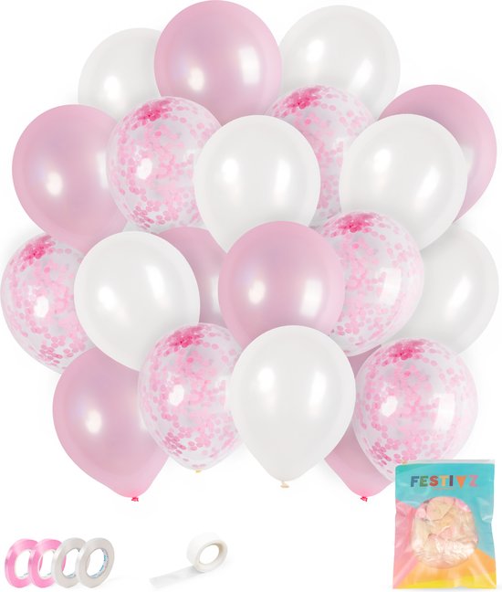 Festivz 40 stuks Roze Ballonnen met Lint – Decoratie – Feestversiering - Papieren Confetti – Pink - Pink Latex - White Latex - Verjaardag - Bruiloft - Feest
