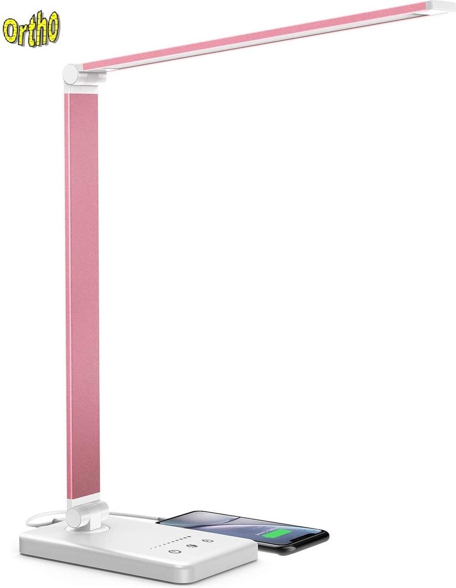 Ortho® - Bureaulamp - Bedlamp - Leeslamp - Nachtlamp - LED - Kleur licht, van Warm Wit tot Daglicht - Dimbaar - met USB oplaadpoort - Rose/Pink