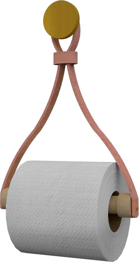 Leren toiletrolhouder 'Triangle' - met Zuignap én schroef - Handles and more® | SUEDE PINK - roldrager: Rondhout - knop: Goud