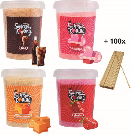 Foto: Suikerspin suiker cola bubbelgum caramel aardbei incl 100 suikerspin stokjes 4 potten x 400 gram