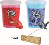Suikerspin Suiker - Aardbei - Bosbes incl. ± 30 suikerspin stokjes - 2 potten x 400 gram