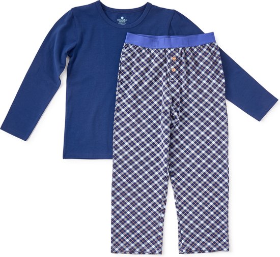 Little Label Pyjama Jongens Maat 122-128/8Y - blauw, oranje - Geruit - Pyjama Kind - Zachte BIO Katoen
