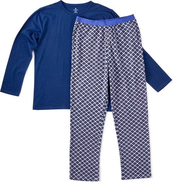 Little Label Pyjama Heren Maat M/48 - blauw, oranje - Geruit - Herenpyjama - Zachte BIO Katoen