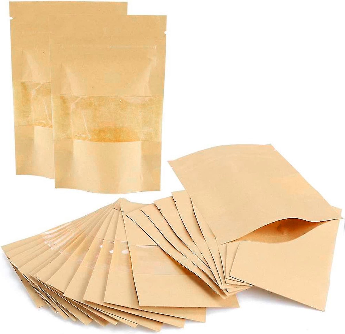 Papieren zakken met venster, kraftpapieren zakken, bruin kraftpapier verpakking voor noten, snoep, koffiebonen, granen, droogvoer, dierenvoeding, enz., bruin, 12 x 20 cm, 50 stuks
