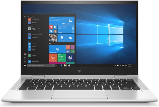 Zilveren HP EliteBook x360 laptop, met het scherm open in laptopmodus.