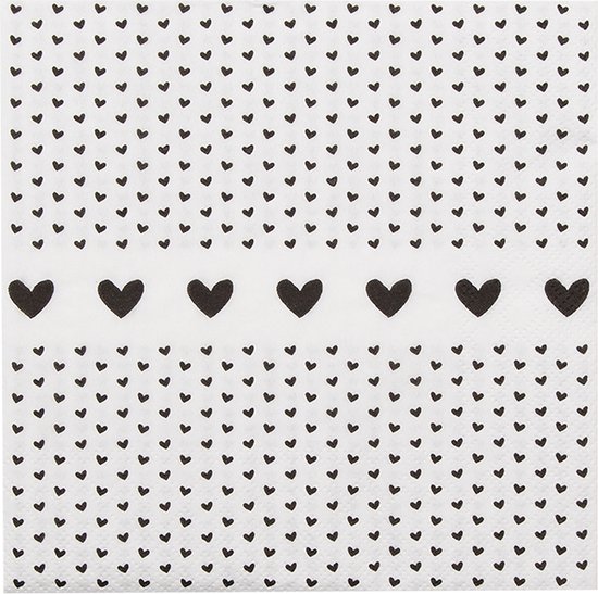 Clayre & Eef Serviettes Papier set de 20 33x33 cm (20) Blanc Noir Papier Coeurs