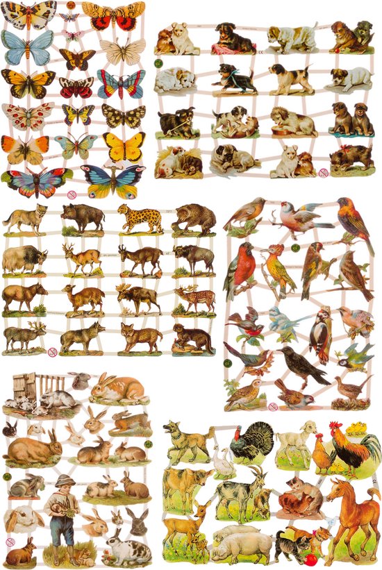 Poëzieplaatjes - 6 vellen - plaatjes - hobby - creatief - decoupage - knutselen - scrapboek - met Vlinders - Honden - Vogels - Konijnen - Boerderijdieren - Bosdieren