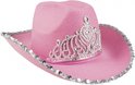 Roze cowboyhoed met zilveren paillettenrand en strass-tiara.
