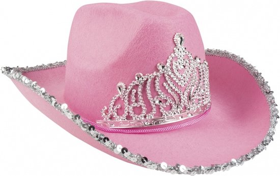 Roze cowboyhoed met zilveren paillettenrand en strass-tiara.