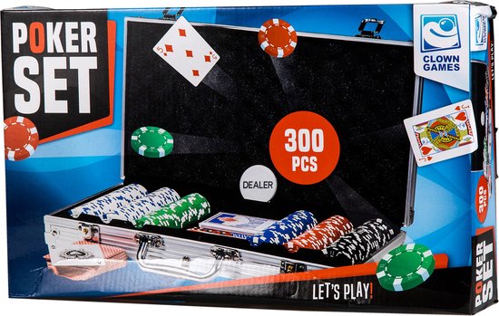 Doos van "Poker Set 300 pcs" met afbeelding van zilveren koffer, pokeren fiches en speelkaarten.