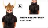 4x Baard met snor 35 cm steil haar zwart - Viking stoer festival thema feest party ZZ top