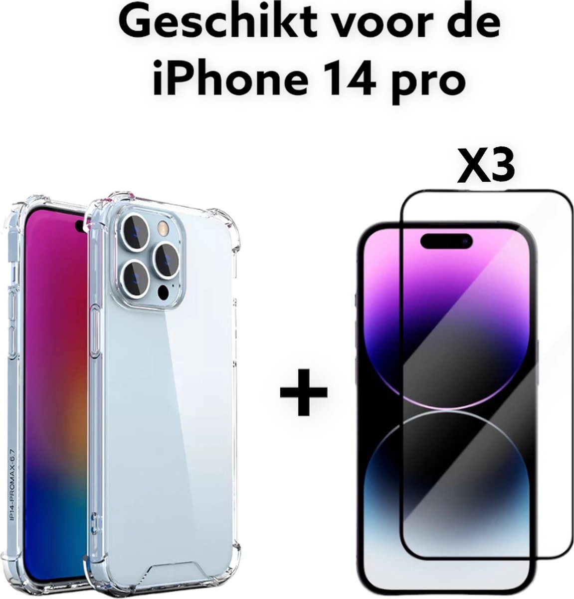 iPhone 14 pro Hoesje Transparant + 3x screenprotector- iPhone 14 pro Hoesje Anti Shock - iPhone 14 pro Anti Shock Case Antishock Shock Proof + 3x tempered glas 9H