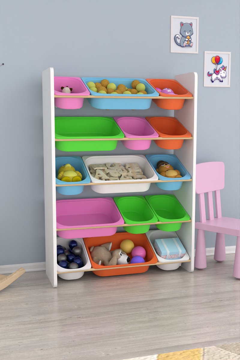 Soph&Tess Kinderkast opbergkast - speelgoedkast met kisten - gekleurd - speelgoedkist