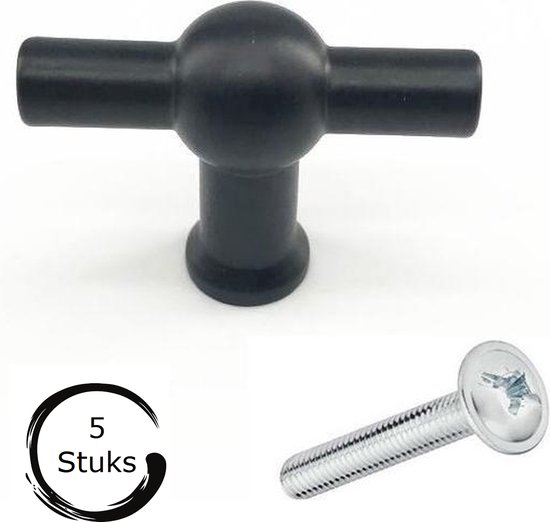Kastknoppen Kansas T-Greep zwart 5 Stuks - Kastknop - Meubelknop - T-Greep - deurknoppen voor kasten - Meubelbeslag - deurknopjes