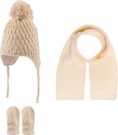 Kitti 3-Delig Winter Set | Muts (Beanie) met Fleecevoering - Sjaal - Handschoenen | 0-18 Maanden Baby Jongens | K22150-07-03 | Cream