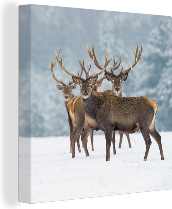 Canvas schilderij - Herten - Winter - Dieren - Natuur - Foto op canvas - 20x20 cm - Muurdecoratie - Schilderijen op canvas