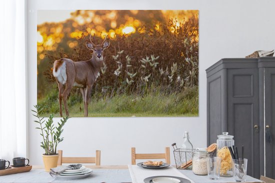 Canvas - Hert - Heide - Natuur - Zonsondergang - Schilderijen op canvas - Landschap - 150x100 cm - Canvas schilderij dieren - Foto op canvas