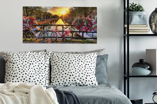 Peinture sur toile - Amsterdam - Vélo - Fleurs - Soleil - Rose - Salon - 80x40 cm - Peintures sur toile - Toile entoilée - Décoration murale