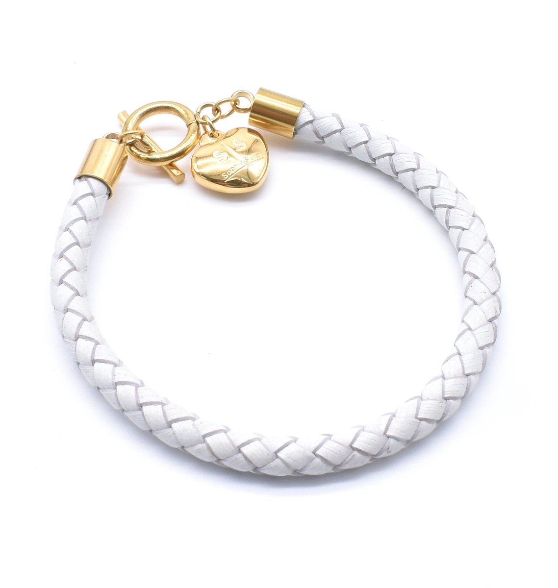 Leren armband dames met hartje wit - lichtgrijs 18,5cm - gouden armband leer- met geschenkverpakking - Lederen hartjes armband van Sophie Siero - Sieraden - Armbanden