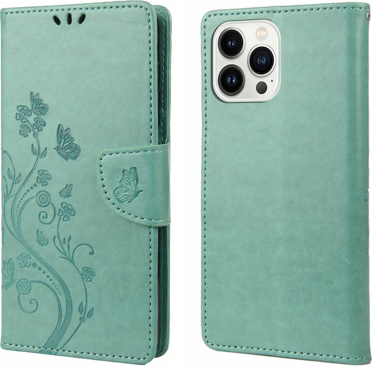 Mobigear Telefoonhoesje geschikt voor Apple iPhone 14 Pro Max Hoesje | Mobigear Flowers Bookcase Portemonnee | Pasjeshouder voor 3 Pasjes | Telefoonhoesje voor Pinpas / OV Kaart / Rijbewijs - Groen