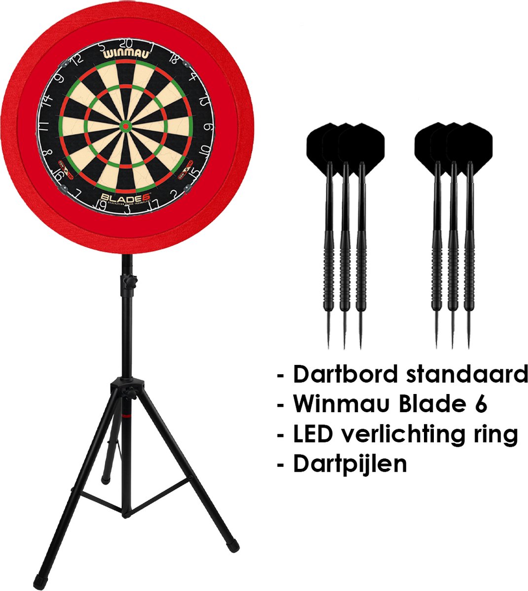 Dragon darts - Portable dartbord standaard LED pakket - inclusief Winmau Blade 6 - dartbord - en - LED surround ring - en - dartpijlen - rood