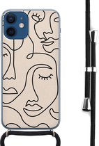 Hoesje met koord - Geschikt voor iPhone 12 Mini - Abstract faces - Verstelbaar zwart koord - Transparant, Beige - Print / Illustratie - Leuke Telefoonhoesjes