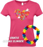 Dames T-shirt Love Peace Hart | Love for all | Gay Pride | Regenboog LHBTI | Fuchsia dames | maat XL