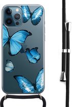 iPhone 12 Pro Max avec cordon - Papillons bleus - Blauw - Geen impression - Cordon noir détachable - Coque de téléphone transparente avec impression - Antichoc - Casimoda