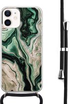 Casimoda® hoesje met koord - Geschikt voor iPhone 12 Mini - Groen marmer / Marble - Afneembaar koord - Siliconen/TPU - Groen
