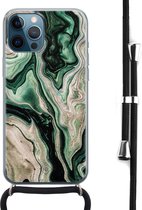 iPhone 12 Pro Max hoesje met koord - Green waves - Groen - Water - Afneembaar zwart koord - Transparant telefoonhoesje met print - Schokbestendig - Casimoda
