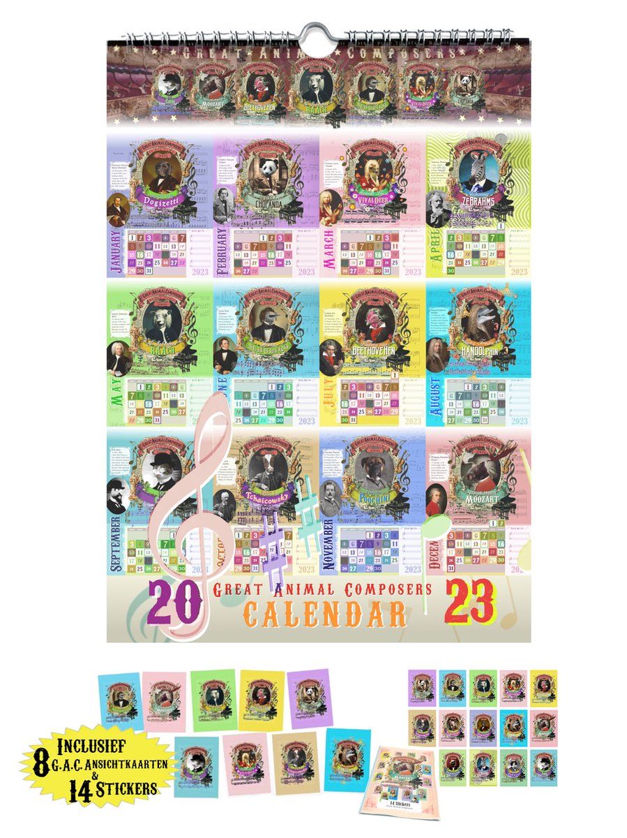 Klassieke Muziek Dieren Kalender 2023 - Maandkalender - incl. 8 Ansichtkaarten en 14 Stickers - Great Animal Composers - A4