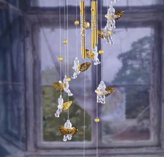 engelen windgong met 11 kleine engeltjes onder elkaar in gouden kleur (Kunststof en aluminium)