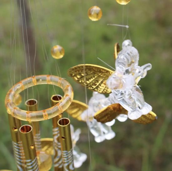 engelen windgong met 11 kleine engeltjes onder elkaar in gouden kleur (Kunststof en aluminium)