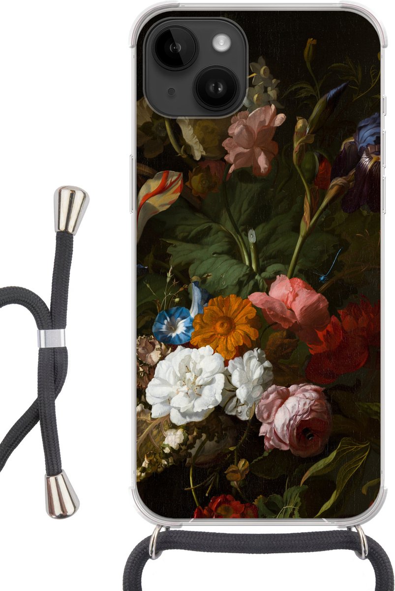 Telefoonhoesje Geschikt voor Apple Iphone 14 - Vaas met bloemen - Schilderij van Rachel Ruysch - Siliconen - Crossbody - Backcover met Koord - Telefoonhoesje met koord - Hoesje met touw Telefoonhoesje