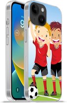 Geschikt voorApple Iphone 14 - Softcase hoesje - Een illustratie van twee voetballers die een prijs hebben gewonnen - Jongens - Meisjes - Kind - Siliconen Telefoonhoesje