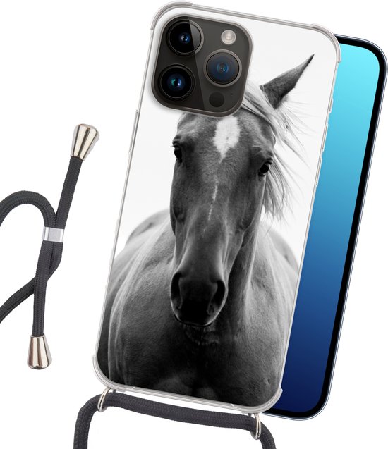 Geschikt voor Apple iPhone 14 Pro - Crossbody Case - Paard - Zwart - Wit - Portret - Siliconen - Crossbody - Backcover met Koord - Telefoonhoesje met koord - Hoesje met touw - SleevesAndCases