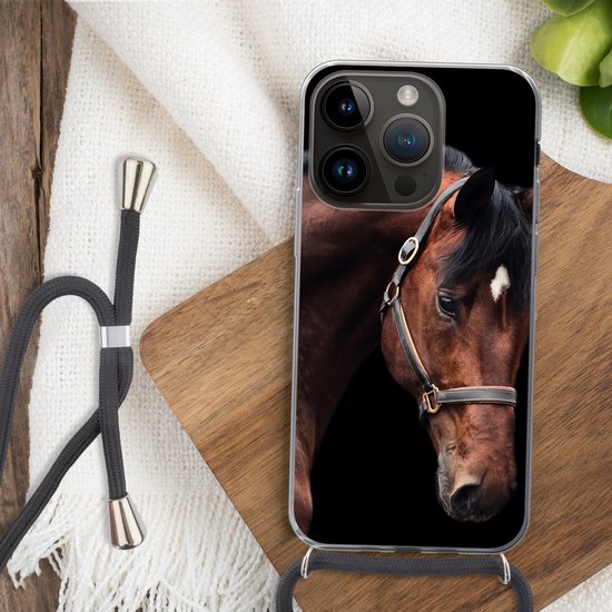 Étui de téléphone compatible avec Apple iPhone 14 Pro - Motif cheval - Léger - Licol - Siliconen - Bandoulière - Coque arrière avec cordon - Étui de téléphone avec cordon - Étui de téléphone avec corde