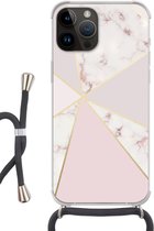 Geschikt voorApple Iphone 14 Pro Max - Crossbody Case - Marmer print - Goud - Rosé - Siliconen - Crossbody - Backcover met Koord - Telefoonhoesje met koord - Hoesje met touw